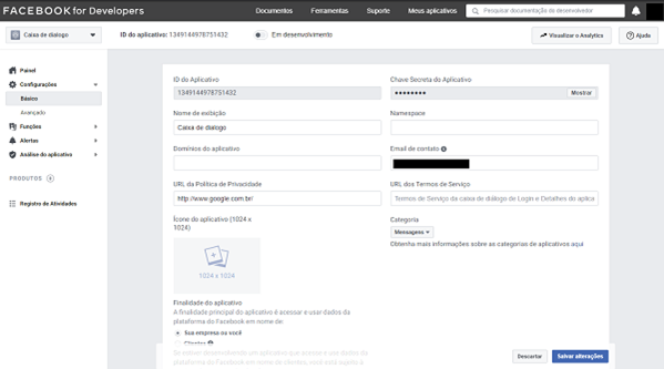 Configurar login do Facebook na plataforma Modelo